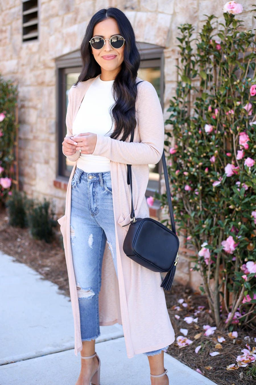 White and pink colour combination with denim, jeans | Cardigan Outfits ...