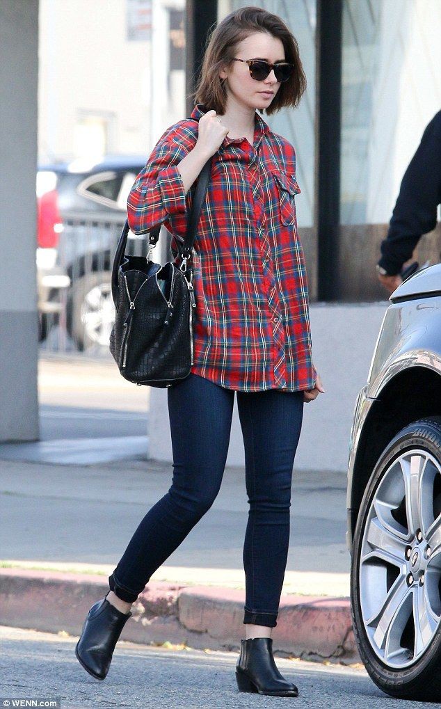Lily collins outfits casual slim fit pants, street fashion Tartan
