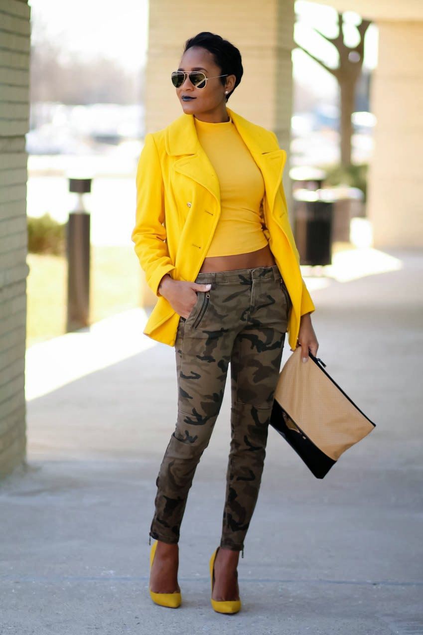 Camouflage and mustard outfit, street fashion, fashion model, casual ...