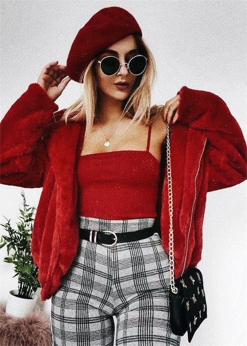 Plaid pants with red top | Beret Outfit | High Rise, Maroon And Red ...