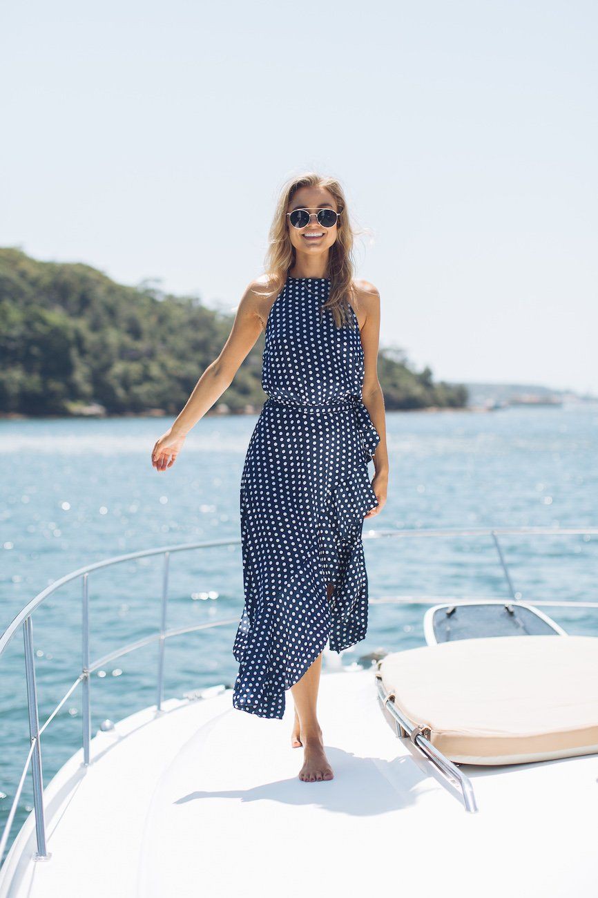 White designer outfit with polka dot, blouse, skirt | Boating Outfit ...