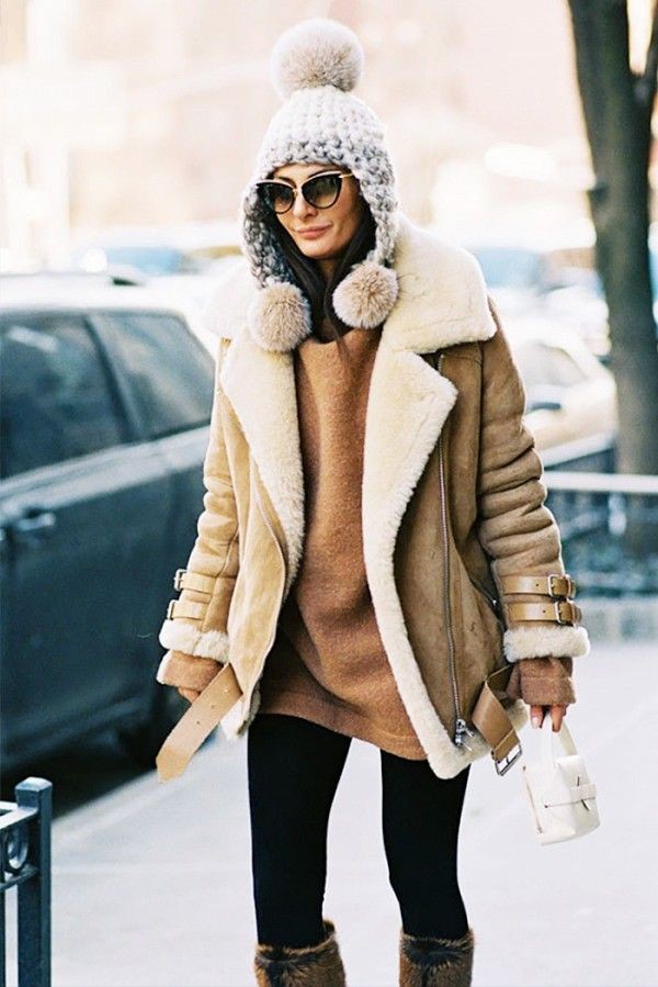 Winter warm jackets with leggings | Shearling Coat Outfits | Shearling ...