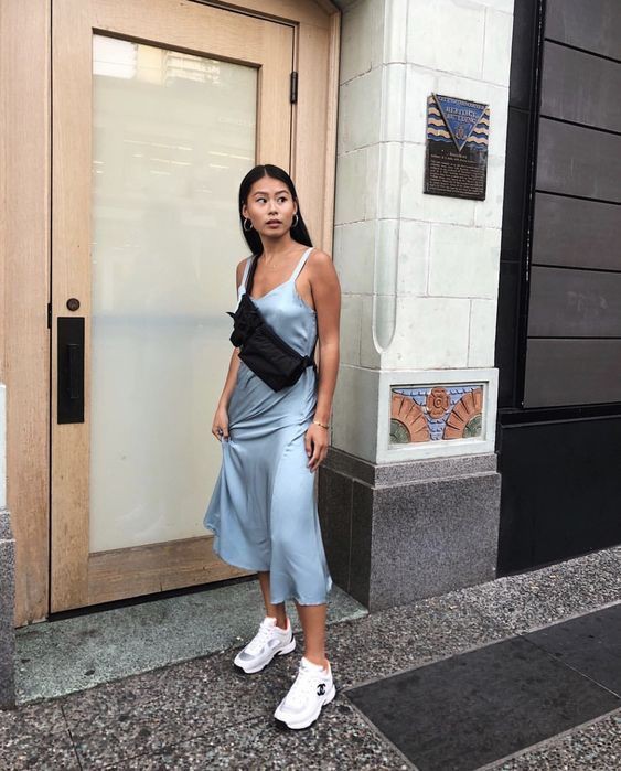 slip dress and sneakers