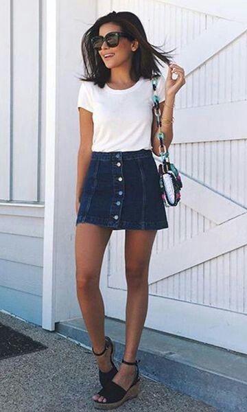 Cute outfits for a jean skirt | Denim Skirt Outfits | Black And White Outfit,  Denim skirt, Denim Skirts