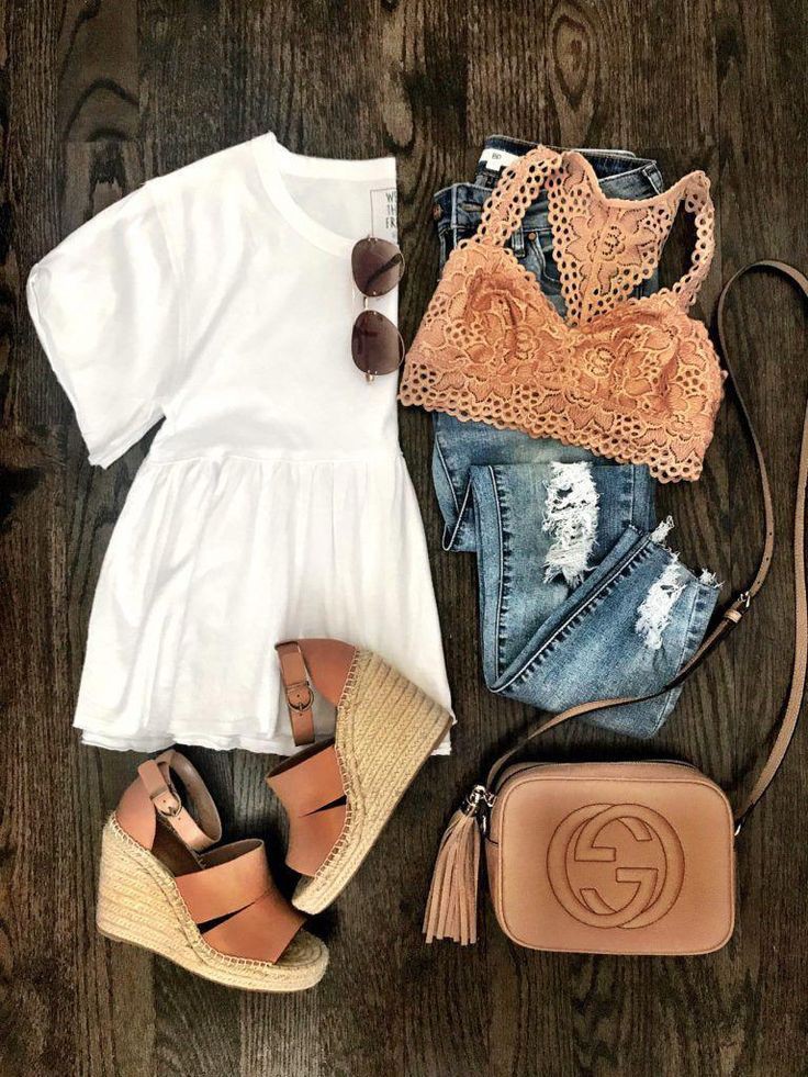 IG: MrsCasual | White peplum top, lace bralette, jeans, wedges, & Gucci bag #out... | Summer Outfit Ideas 2020: Jeans,  Top,  Outfit Ideas,  summer outfits,  bag,  White Outfit,  Casual Outfits,  Bralette Outfits  