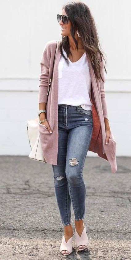 Pink classy outfit with jacket, blazer, denim | Cardigan Outfits ...