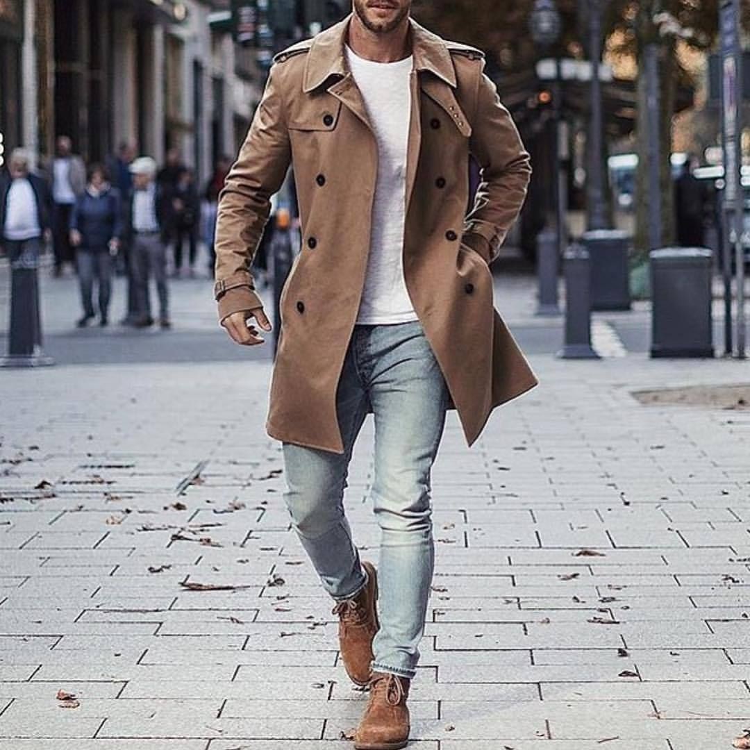 Trench coat style men, double breasted, street fashion, casual wear ...
