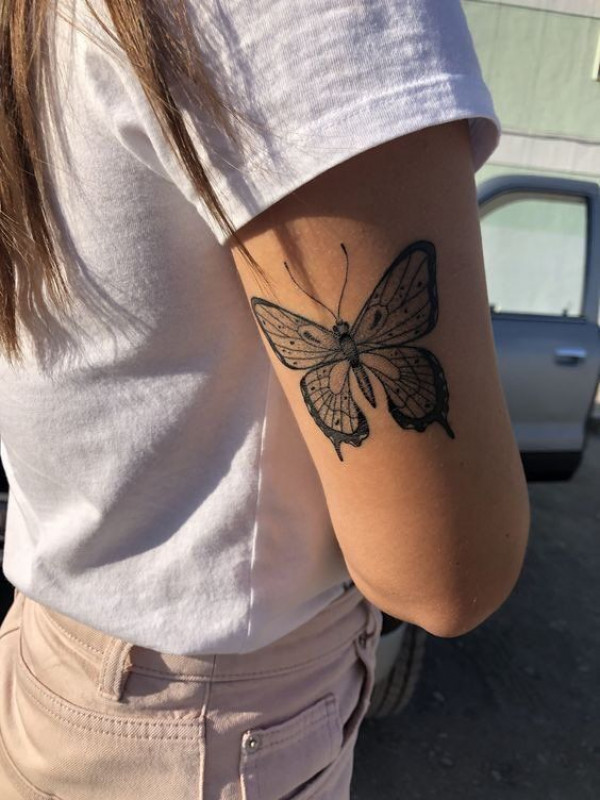Wonderful 3D Butterflies On Cherry Blossom Tree Tattoo On Left Half Sleeve