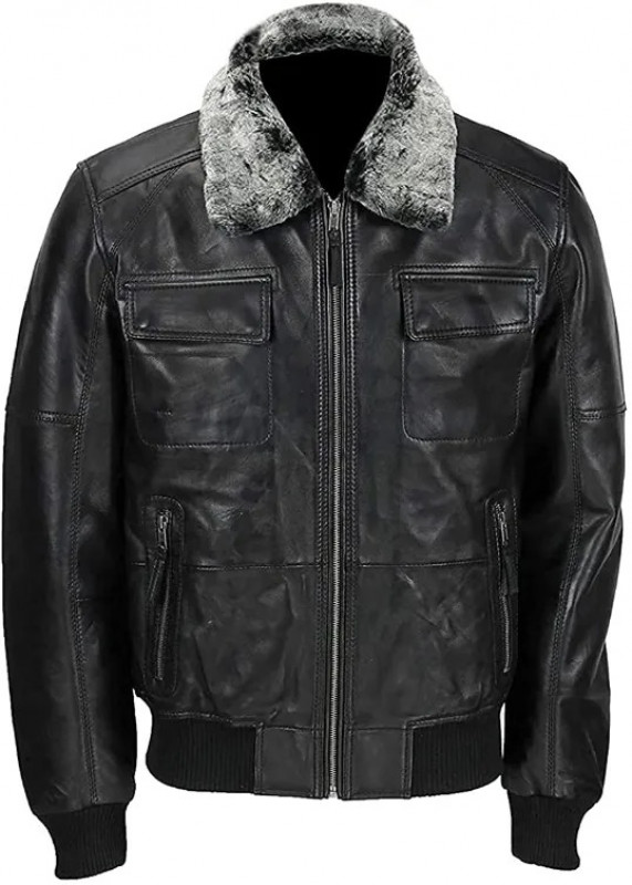 Mens Black Bomber Detachable Fur Collar Leather Jacket | leather jacket