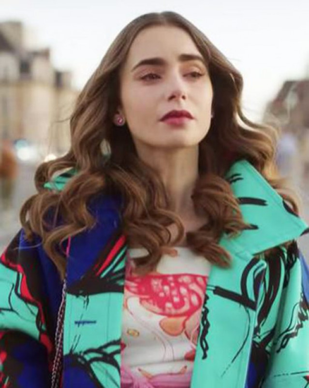 Emily In Paris S02 Lily Collins Blue Printed Coat | Emily In Paris S02 ...