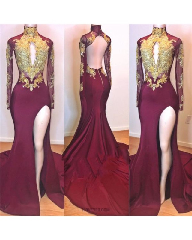 Amazing Burgundy And Gold Appliques Long Sleeves High Neck Side Slit