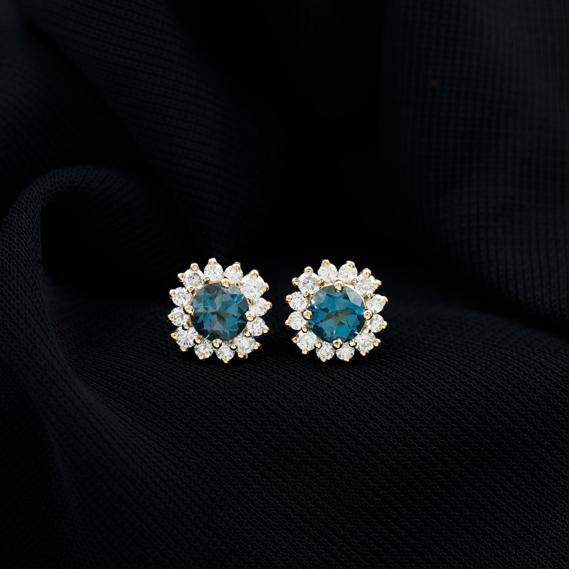 2 CT London Blue Topaz and Diamond Halo Stud Earrings | Rings