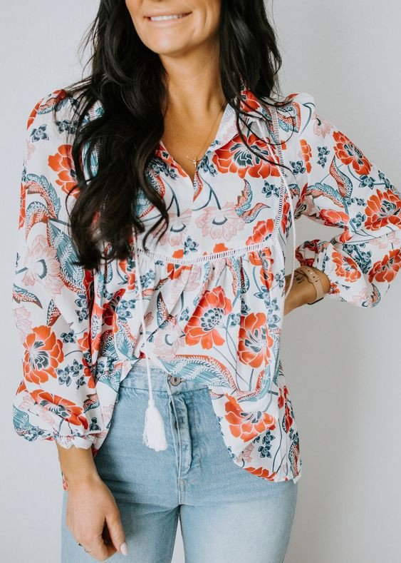 Dresses ideas with jeans, shirt, blouse styles, summer floral blouse outfit,  long sleeve shirt