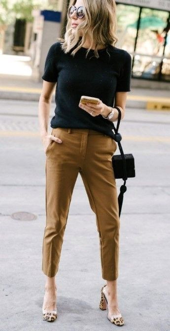 Black top and brown trouser outfit, smart casual, business attire ...