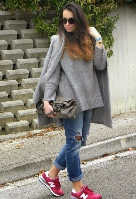 New Balance Outfit, Grey Raincoats And Poncho Outfit Ideas With Light Blue  Casual Trouser, New Balance Outfit