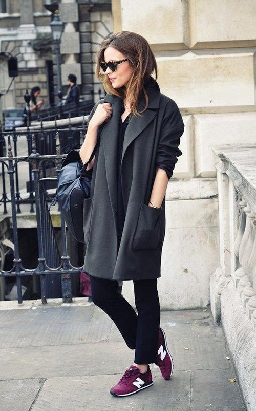 New Balance Outfit, Black Wool Coat Outfit Ideas With Black Suit Trouser,  Outfit With Purple Sneakers