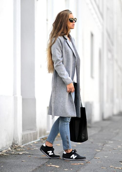 New Balance Outfit, Grey Wool Coat Outfit Ideas With Light Blue Casual ...