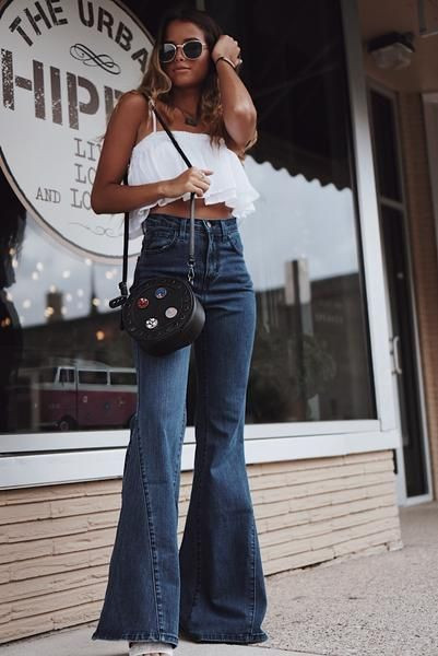 Dark Blue And Navy Casual Denim Casual Trouser, White Cotton Crop Tops ...