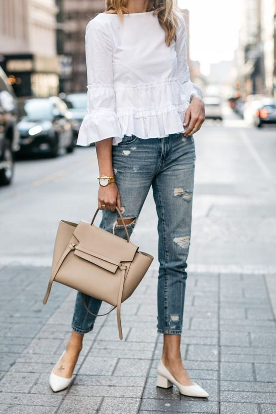 Women's Light Blue Casual Denim Jeans, White Smart Casual Denim Tunic,  White Ballerina - White Block Heel Pumps Outfit