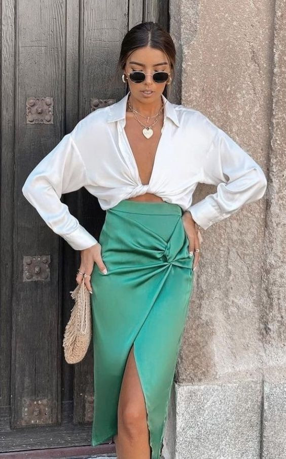 Turquoise Formal Skirt, Slip Skirt Attires Ideas With White Shirt, Midi ...