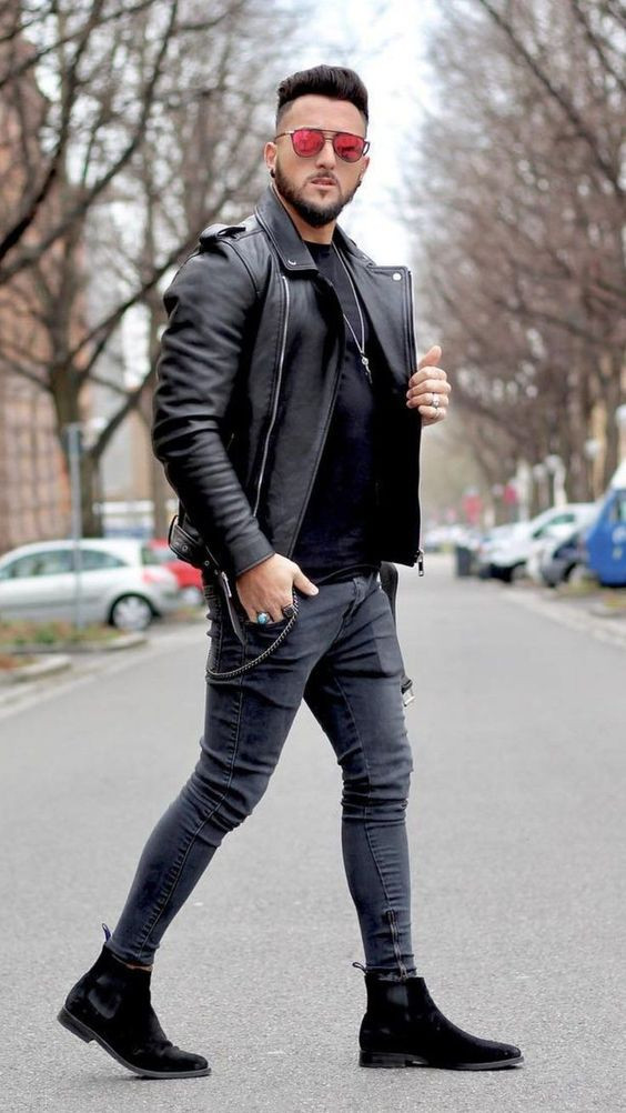 Black Racer Jacket, Black Boot Outfits With Grey Jeans, Look Jaqueta De ...