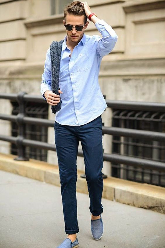 Light Blue Shirt, Loafers Outfits With Dark Blue And Navy Jeans, Combinar Zapatos  Azules Hombre | Navy blue, casual wear, zapato hombre azul