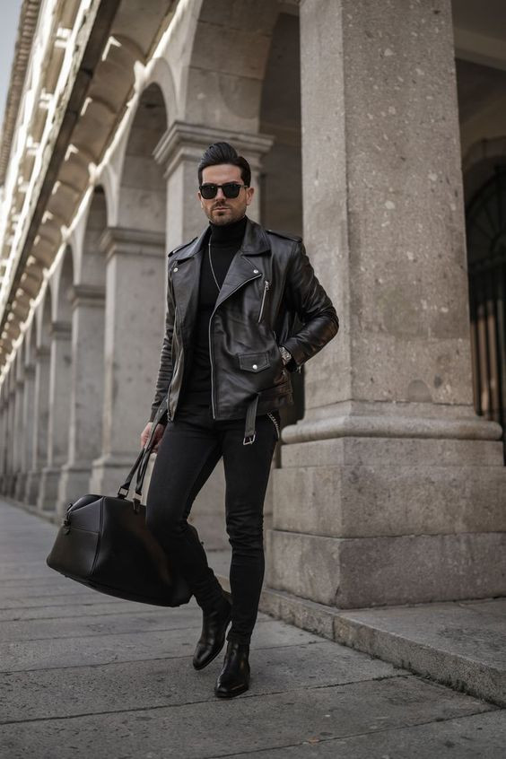 Black Biker Jacket, Men's Outfit Designs With Black Casual Trouser, Jacket Boots  Outfit Men | Chelsea boot, leather jacket