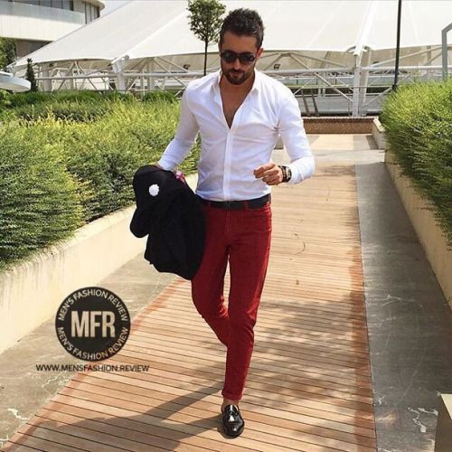 White Denim Shirt, Semi Formal Outfits With Red Jeans, Maroon Pant ...