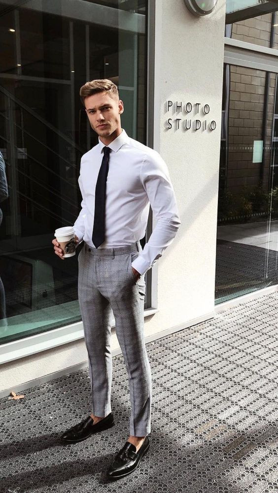 grey pants a white shirt and brown leather shoes  Shirt and pants  combinations for men Mens white dress shirt Grey dress pants