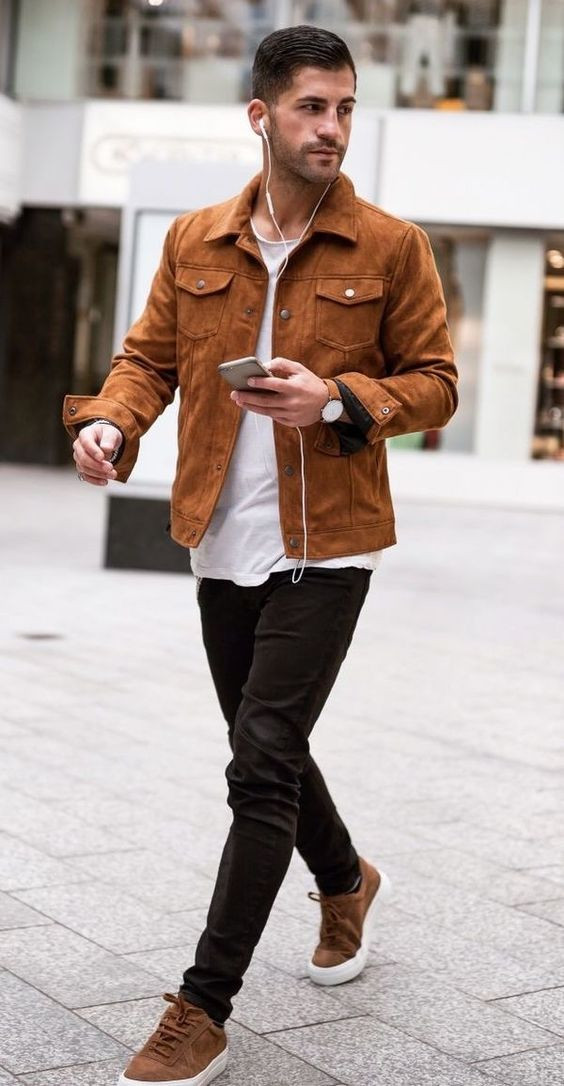 Brown Casual Jacket, Bomber Jacket Outfit Trends With Black Casual Trouser,  Trucker Jacket Style Men | Jean jacket, leather jacket, denim trucker jacket,  patagonia men's pile lined trucker jacket