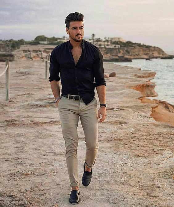 Dark Blue And Navy Denim Shirt, Semi Formal Fashion Wear With Beige Casual  Trouser, Black Shirt Outfit Men | Polo shirt, men's style, casual wear