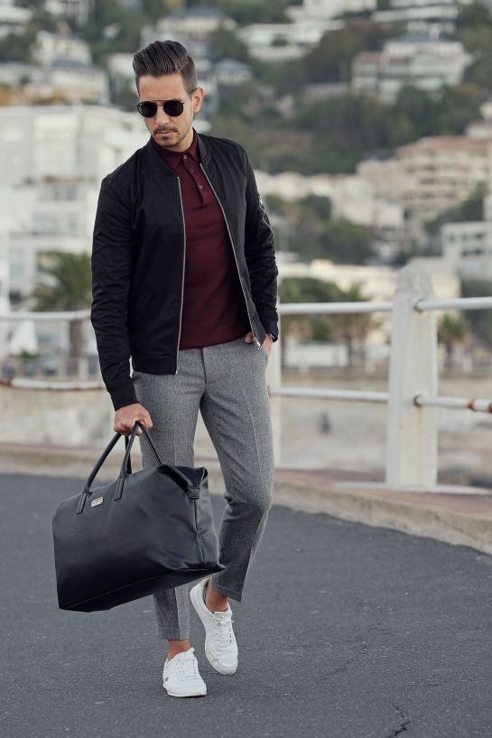 Black Bomber Jacket, Bomber Jacket Ideas With Grey Casual Trouser, Men's Gray  Pants Outfits | Casual wear,