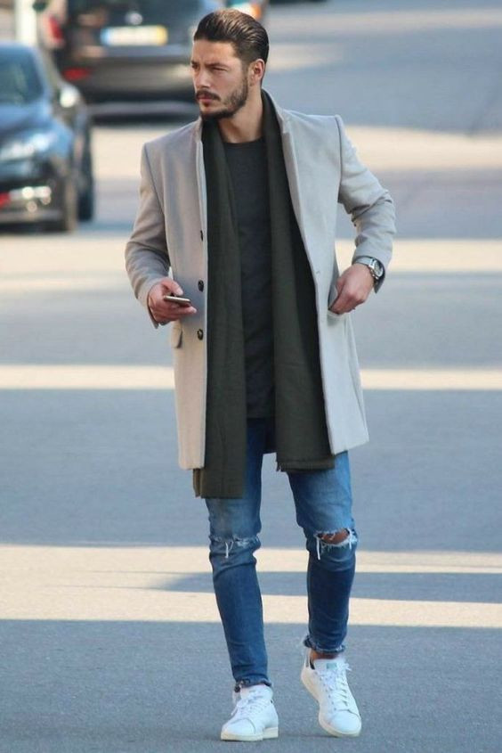 Grey Winter Coat, Pea Coat Fashion Outfits With Light Blue Casual Trouser,  Overcoat Casual Outfit | Man jacket, casual wear, trench coat