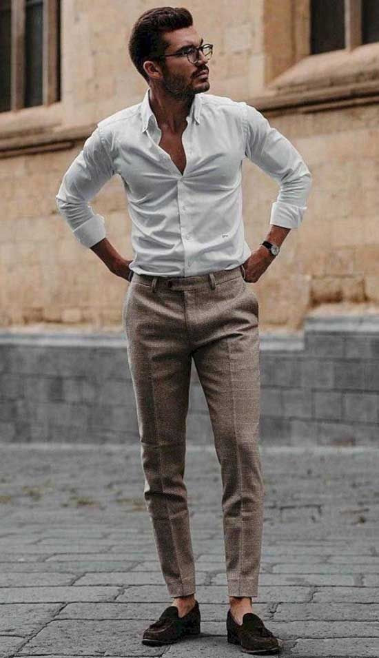 White Shirt, Semi Formal Fashion Wear With Beige Formal Trouser, Classic Outfit  Men | Casual wear, men's clothing