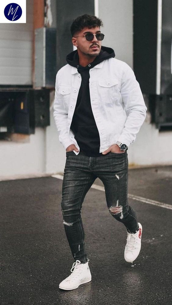 White Casual Jacket, Bomber Jacket Fashion Wear With Grey Jeans, Jeans ...
