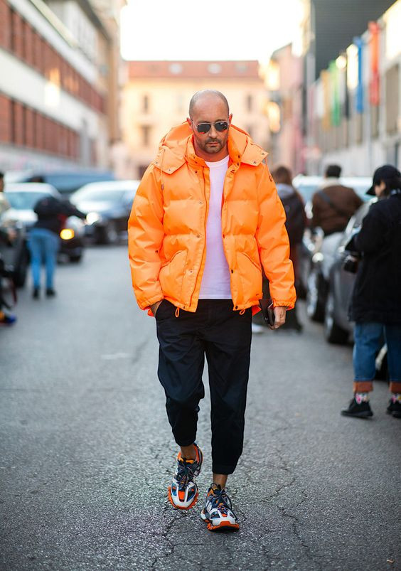 Orange Puffer Jacket, Winter Outfits Ideas With Black Jeans, Street ...