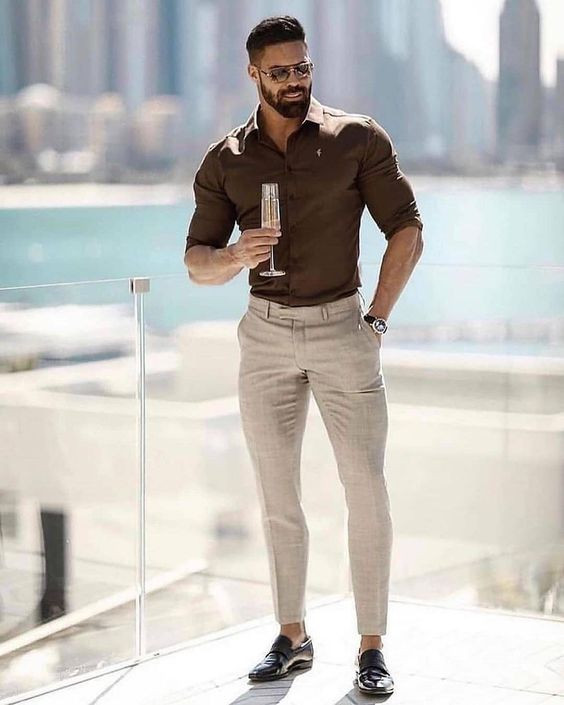 Beige Casual Trouser, Chinos Ideas With Brown Shirt, Formal Dress ...