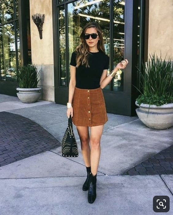 Brown Pencil And Straight, Suede Skirt Ideas With Black T-shirt ...