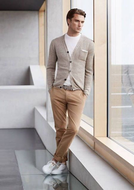Beige Cardigan, Winter Outfit Trends With Beige Formal Trouser, Chinos And Cardigan: 