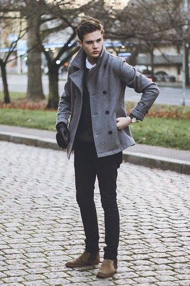Grey Winter Coat, Pea Coat Fashion Outfits With Black Jeans, Winter Classy Outfits  Men | Pea coat, chelsea boot, men's clothing, winter clothing