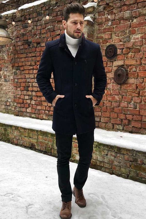 Dark Blue And Navy Winter Coat, Pea Coat Fashion Tips With Black Jeans ...