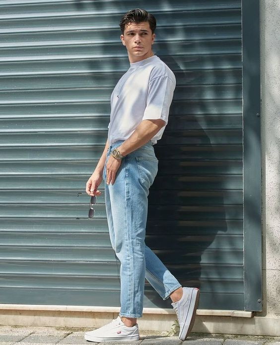 White T-shirt, Aesthetic Clothing Ideas With Light Blue Casual Trouser, Denim: 