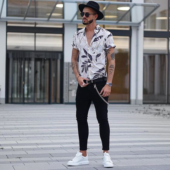 White Denim Shirt, Aesthetic Fashion Trends With Black Casual Trouser,  White Floral Shirt With Black Jeans | Slim-fit pants