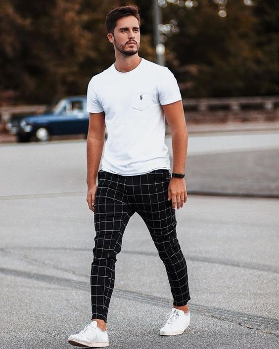 Black Casual Trouser, Chinos Attires Ideas With White T-shirt, Plaid ...