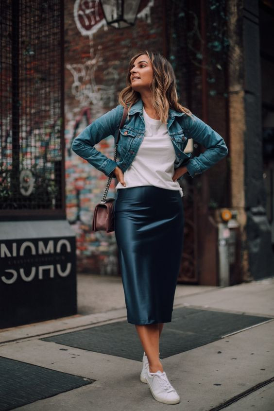 Dark Blue And Navy Pencil And Straight, Slip Skirt Attires Ideas With Light  Blue Casual Jacket, Satin Skirt Outfit | slip skirt