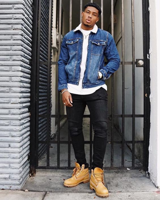 Dark Blue And Navy Casual Jacket, Timberland Boot Outfit Designs With ...
