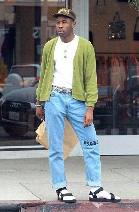 Green Cardigan, Winter Fashion Ideas With Light Blue Casual Trouser, Tyler The Creator Outfits: 