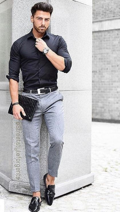 Black Shirt, Interview Outfit Designs With Grey Suit Trouser, Formal ...
