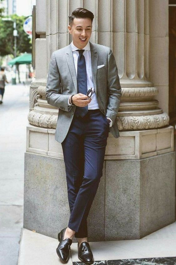 Grey Suit Jackets And Tuxedo Oxford Shoes Clothing Ideas With Dark Blue  And Navy Casual Trouser Navy Pants Outfit Men  Navy blue mens style
