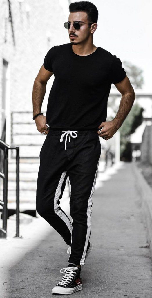 Black Sweat Pant, Winter Casual Fashion Wear With Black T-shirt, Black Joggers Outfit Men: 